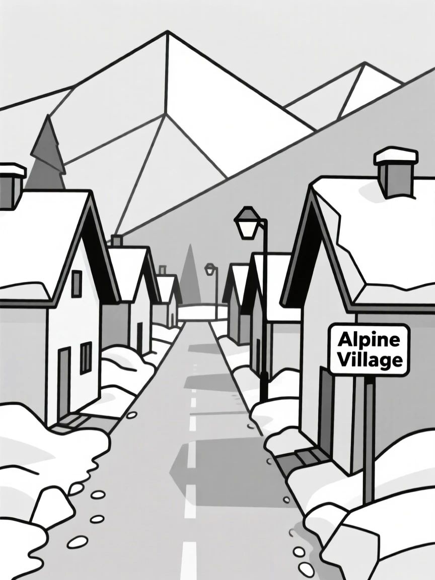 A snow-covered street in a small alpine village