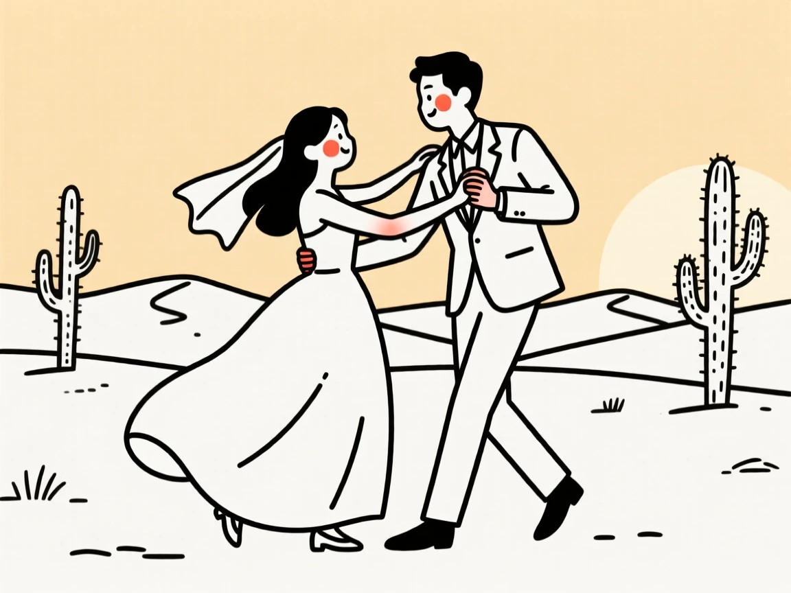 A young couple of Chinese heritage dancing at a quinceanera, in a desert at golden hour.