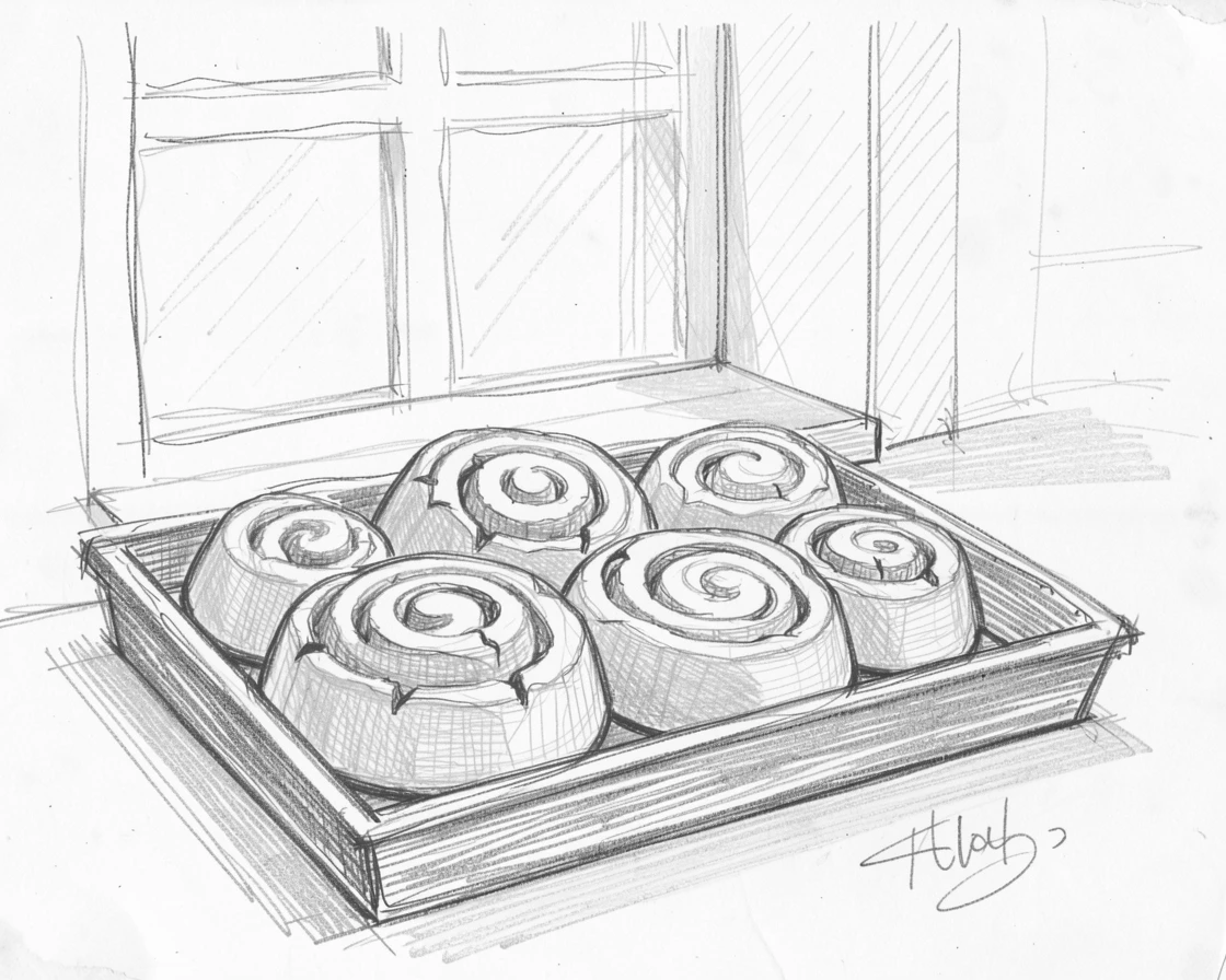 An appetizing still life of a tray of warm cinnamon rolls beside a sunlit kitchen window, with soft natural light highlighting every texture.