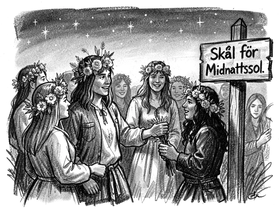 A traditional Nordic midsummer celebration with flower crowns, as the first stars appear overhead.