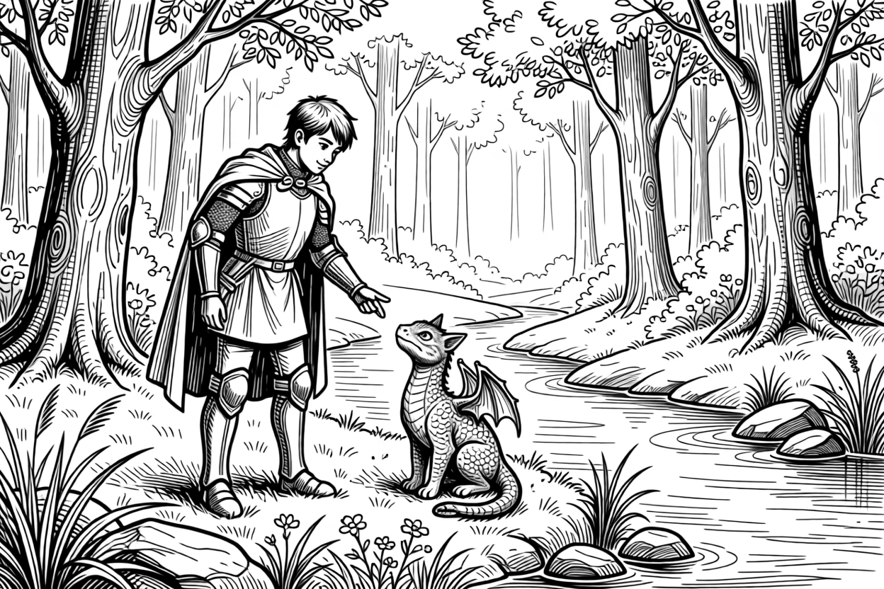 A young knight befriending a small dragon beside a quiet forest stream.