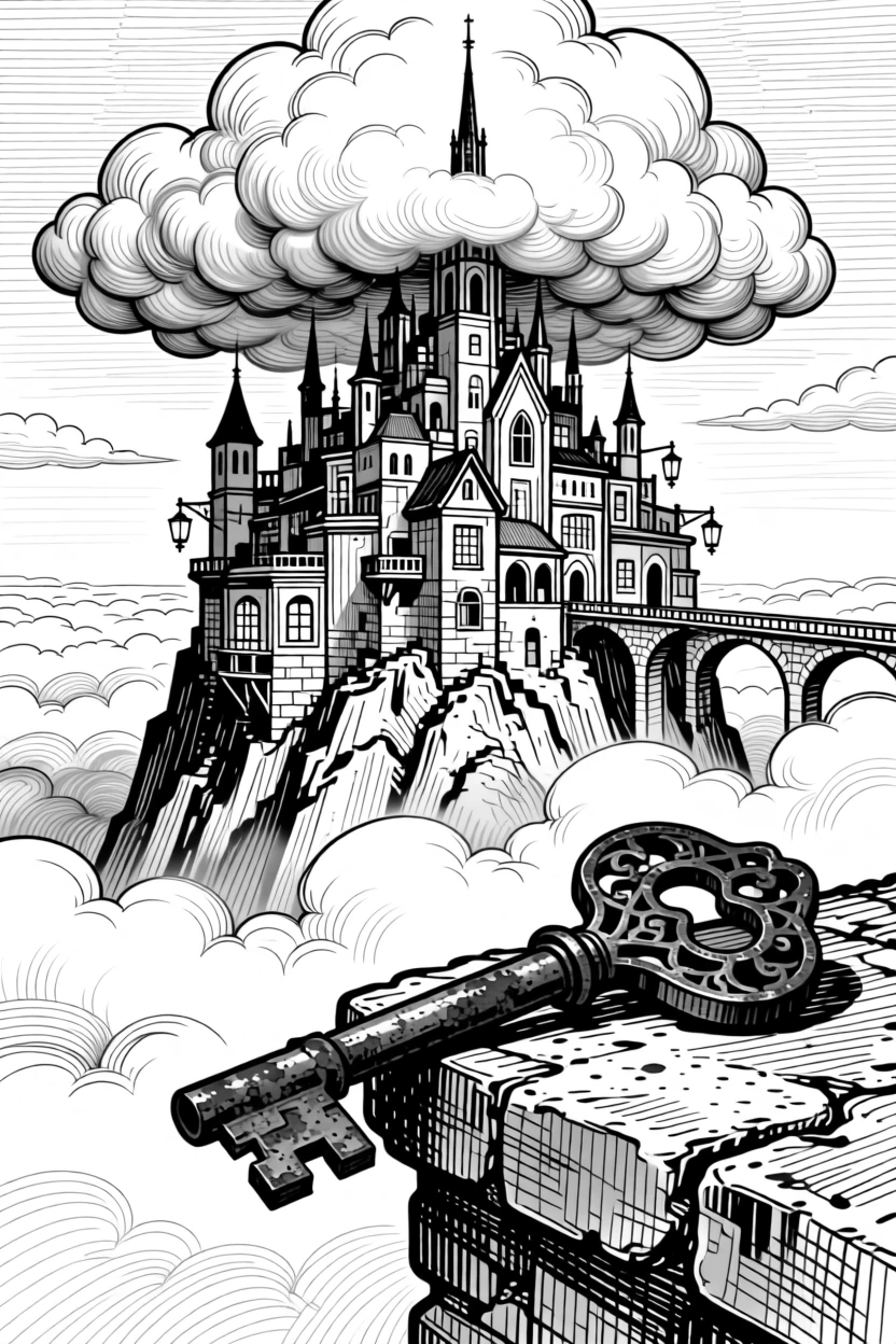 A city built among the clouds atop a mountain wrapped in clouds, with an old iron key resting on a stone ledge, forming a gently otherworldly fantasy scene.