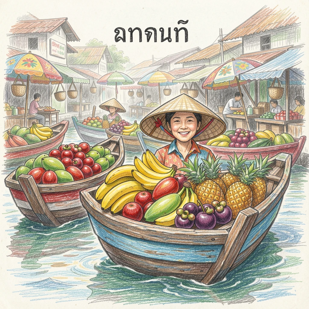 A Thai floating market with boats piled high with tropical fruit, framed thoughtfully to draw the eye toward the central subject, designed to feel inviting, memorable, and shareable.