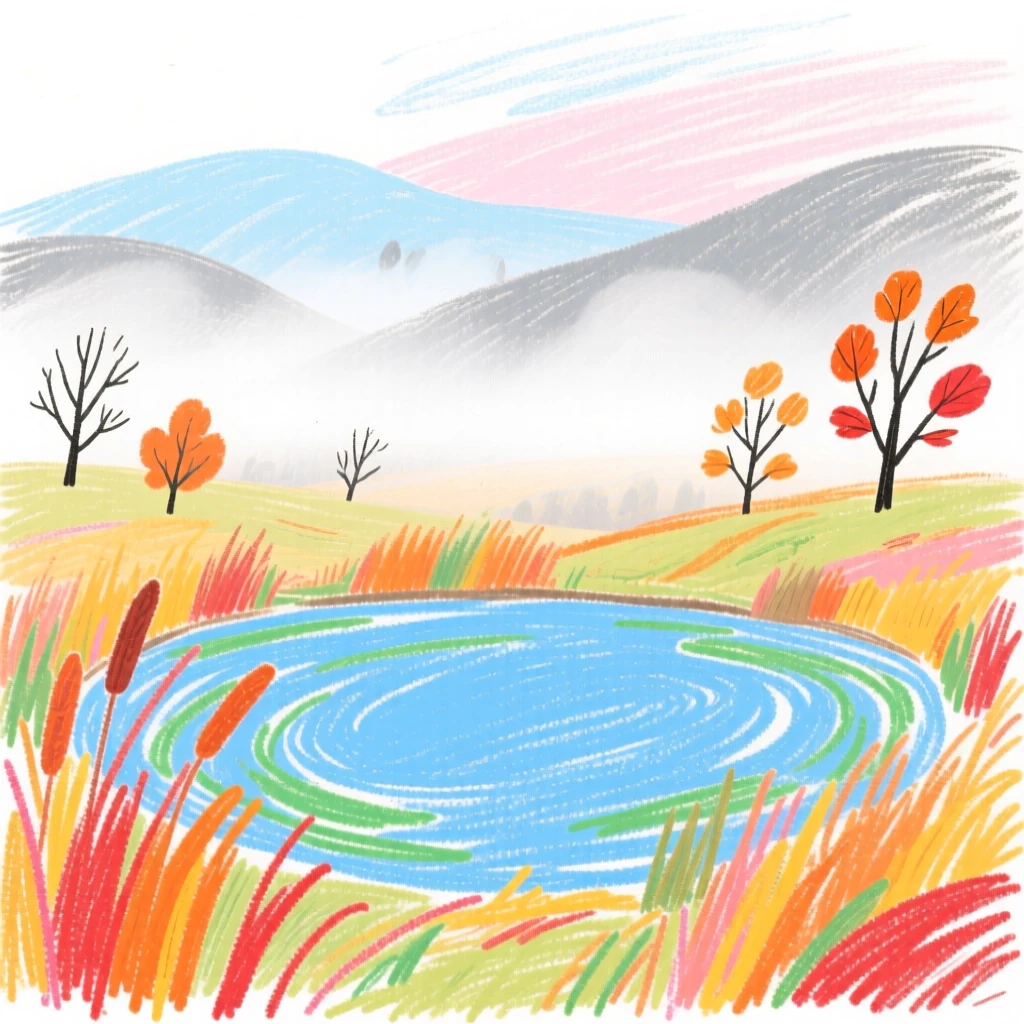 A misty autumn morning over a quiet countryside pond.