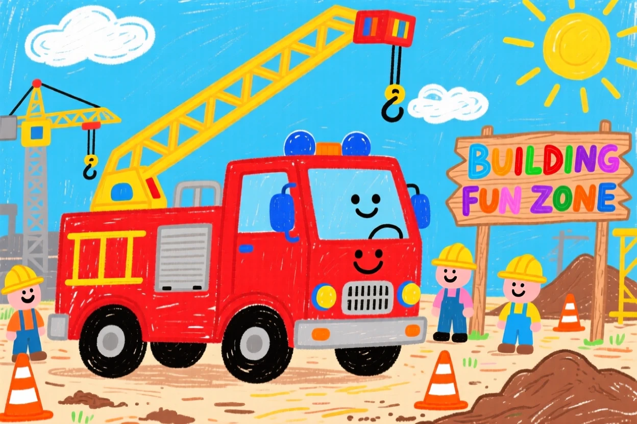 A bright red fire truck working at a busy construction site.