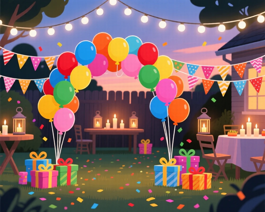 A colorful birthday balloon arch at a backyard party, surrounded by joyful decorations and warm candlelight, framed with decorations arranged symmetrically for balance, with warm twinkling lights adding a magical sparkle.