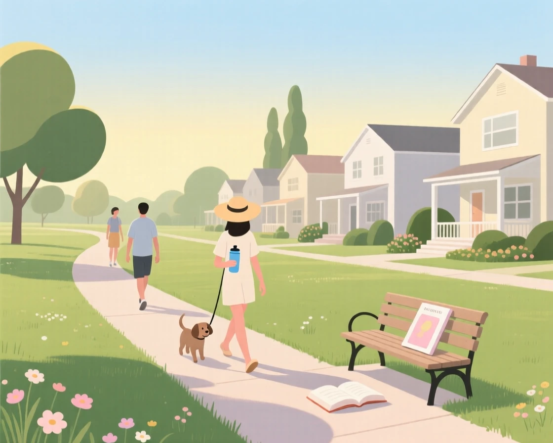 A summer scene of a quiet morning walk in a quiet suburban park.