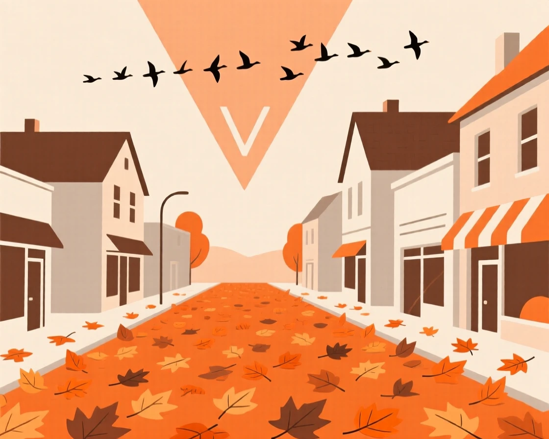 A carpet of fallen orange leaves covering a small town street as migrating geese overhead appears in the distance, full of festive warmth.