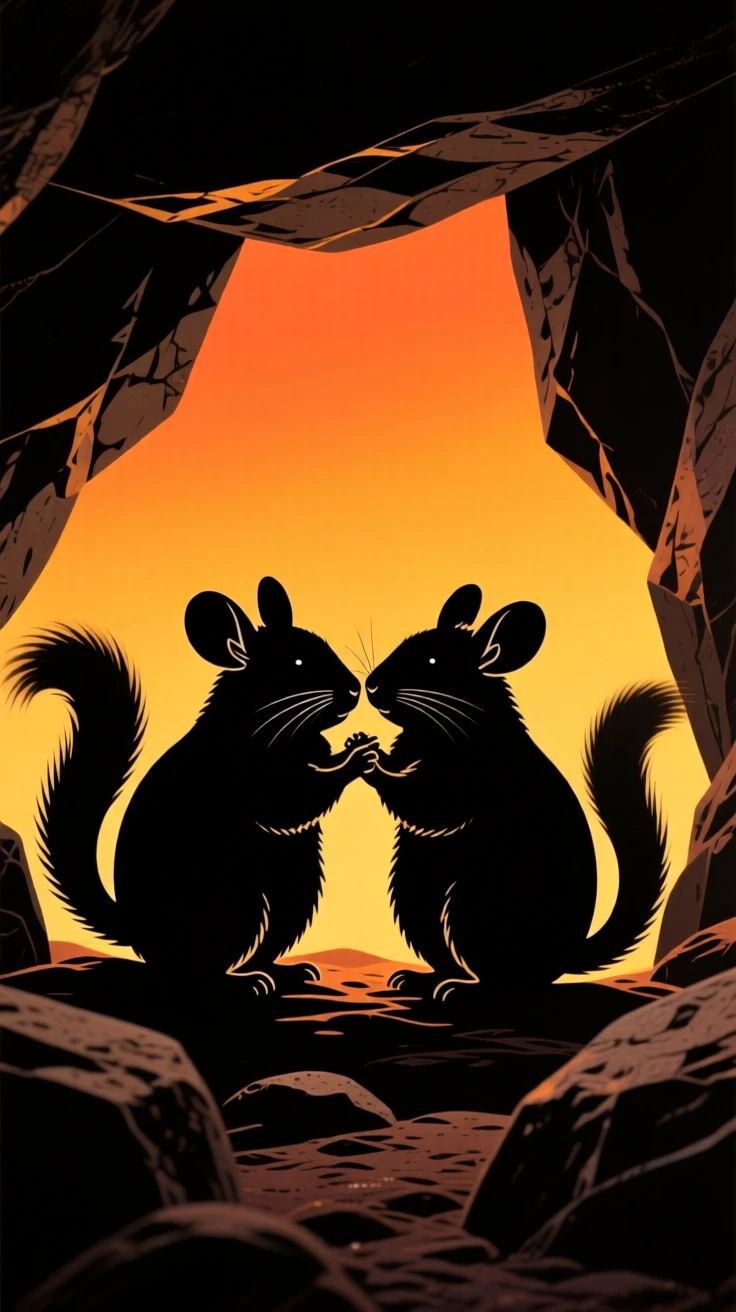 A pair of chinchillas grooming each other in a rocky den.