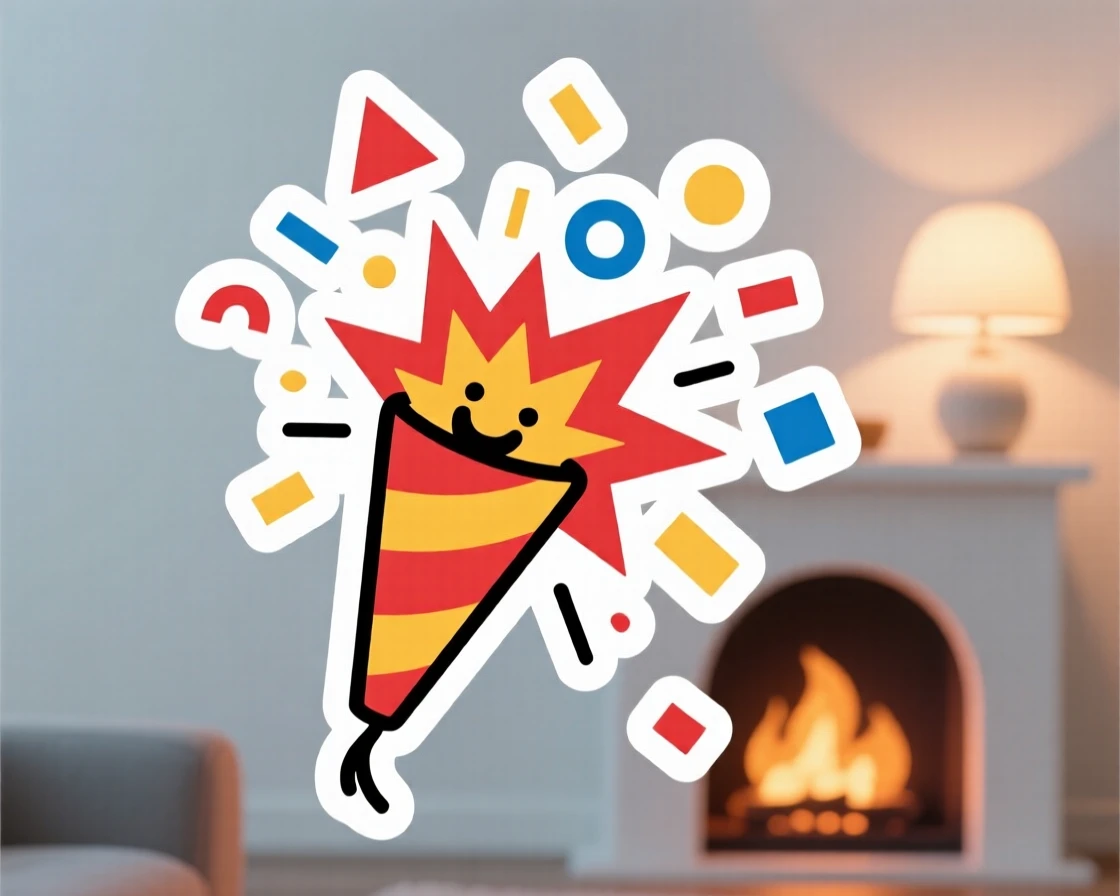 A spirited and joyful confetti-filled party popper mid-explosion, surrounded by falling confetti, on a cozy holiday evening at home.