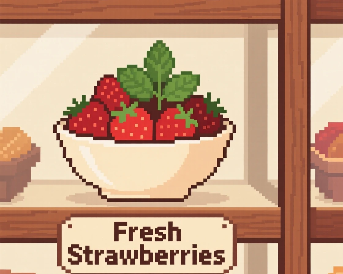 A bowl of fresh strawberries decorated with a sprig of mint, in a cozy bakery display case.