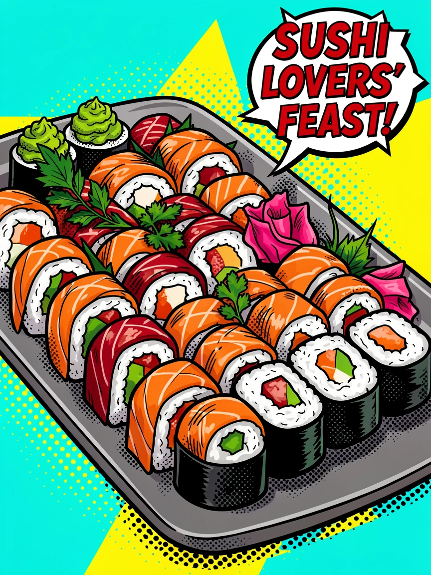 A platter of elaborate sushi rolls garnished and ready for a food lover's feast