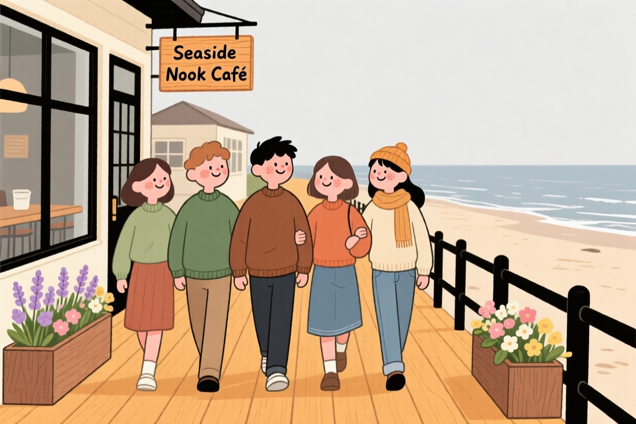 A group of friends link arms and walk down a seaside boardwalk lined with blooming flower boxes, heading toward a favorite café.