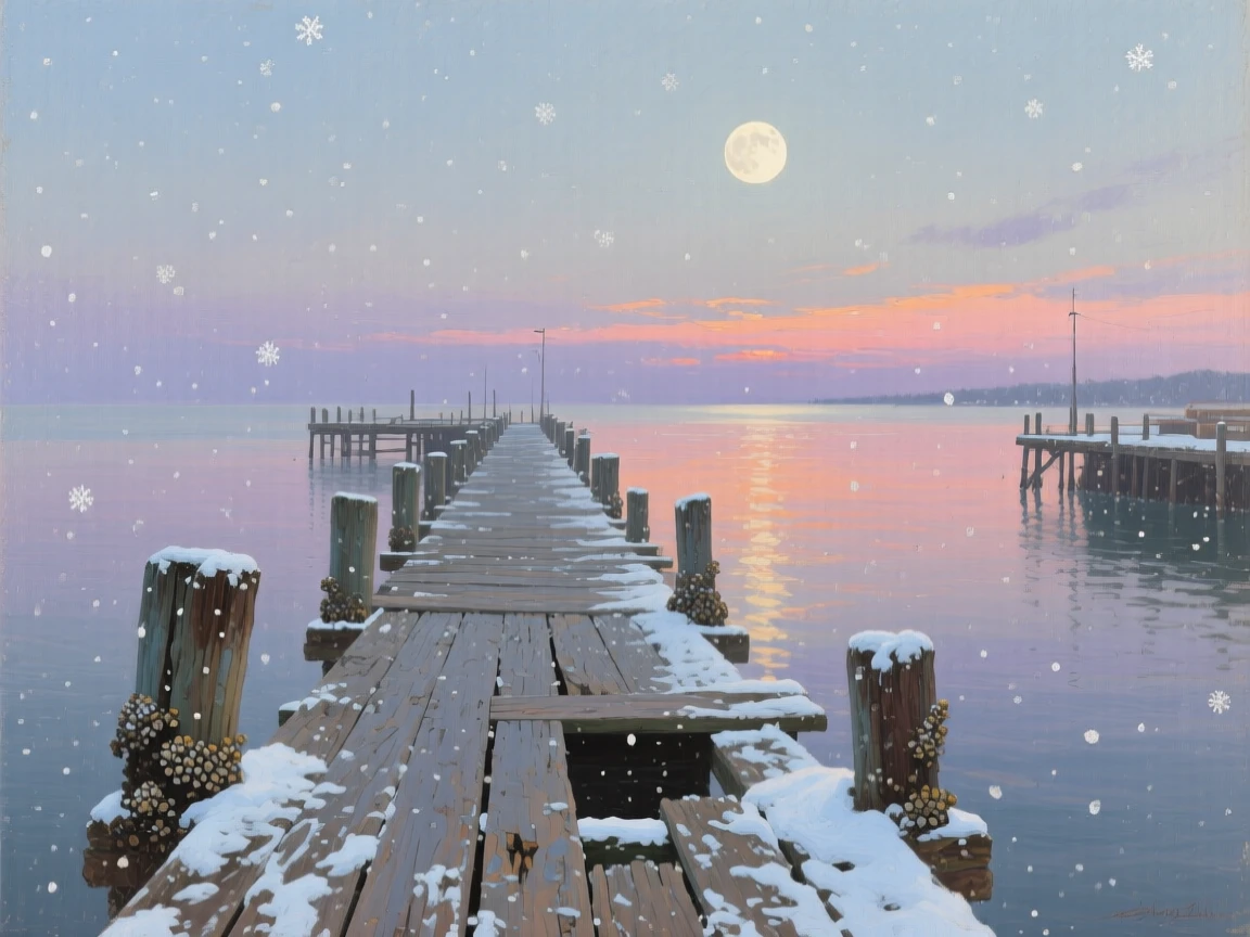 An expansive vista of a weathered pier stretching out into a calm harbor at sunset, under a full moon, in gentle falling snow.