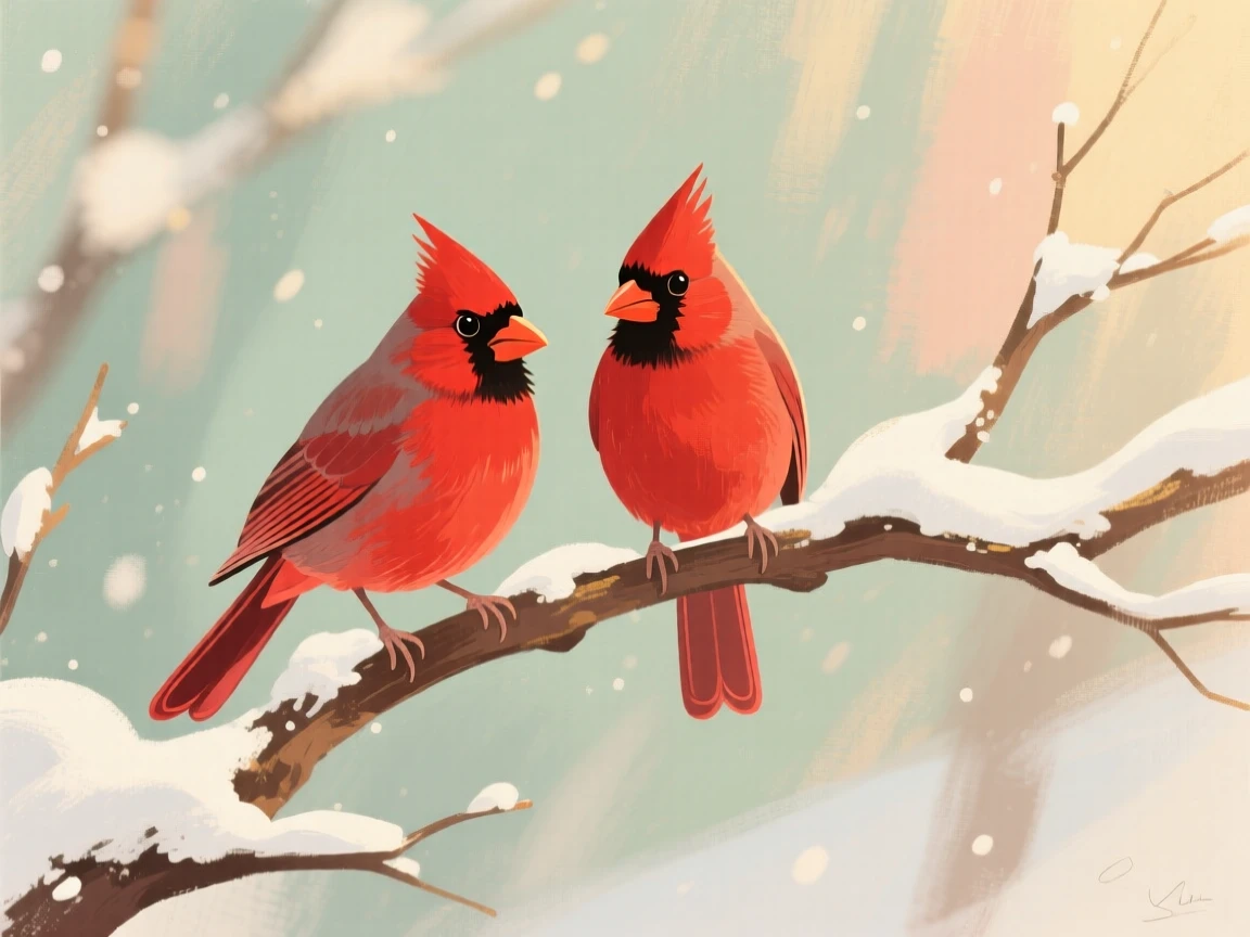 A pair of red cardinals perched on a snow-laden branch