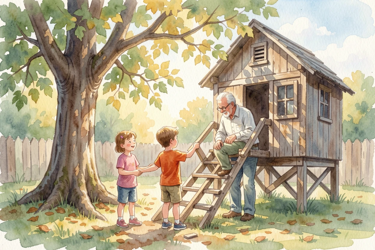 Children building a treehouse with their grandfather.