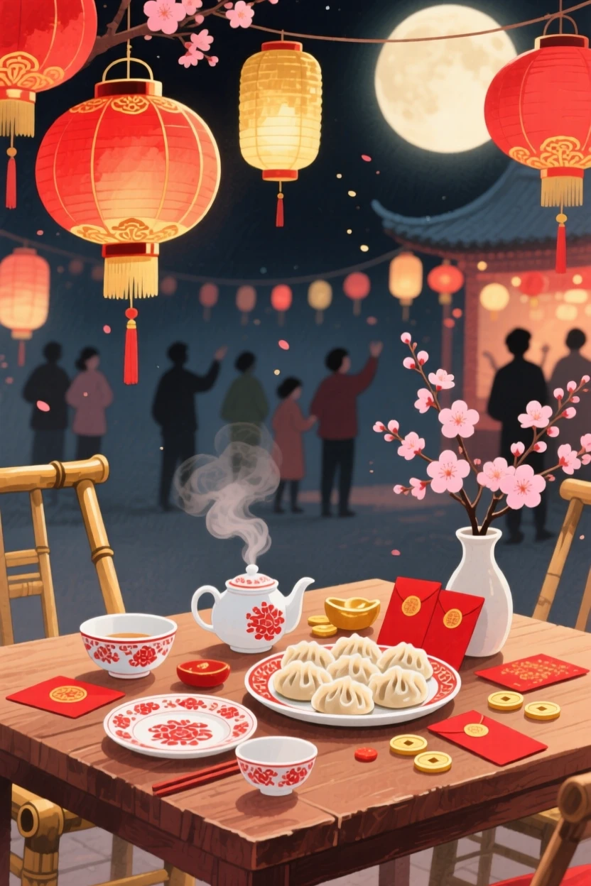 A joyful scene of a Lunar New Year lantern festival, with a table set beautifully for the occasion, capturing the warmth of the celebration