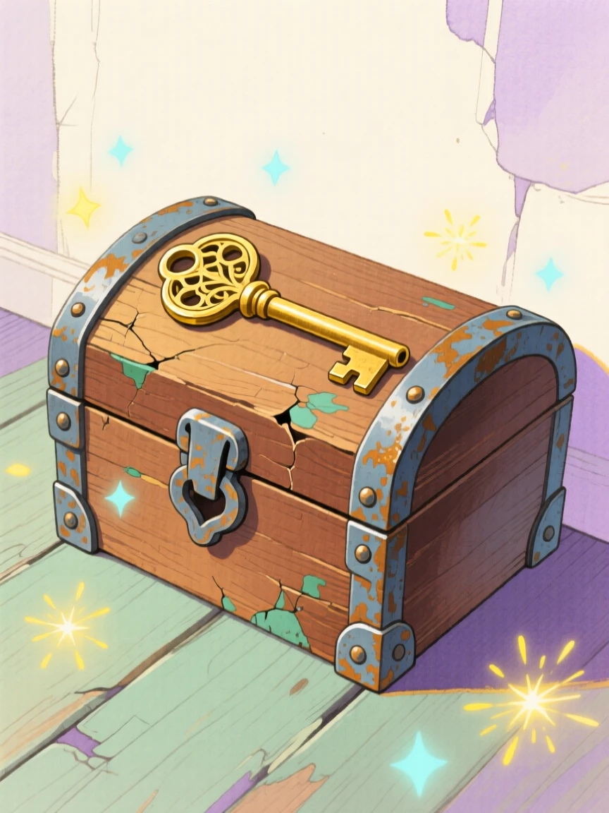 A hidden key resting atop an old weathered chest, full of mystery and excitement.
