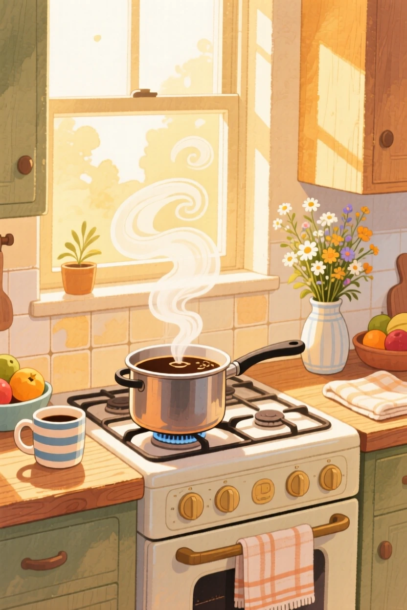 A kitchen filled with the warm glow of morning light and a pot of coffee brewing, with steam curling gently upward, capturing the quiet beauty of everyday rituals.