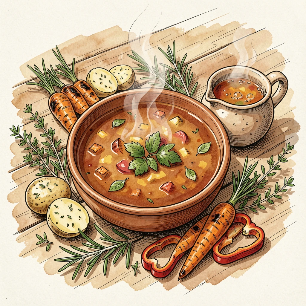 A rustic table set with roasted vegetables and a pot of hearty soup, fresh herbs and garnishes scattered artfully around the dish.