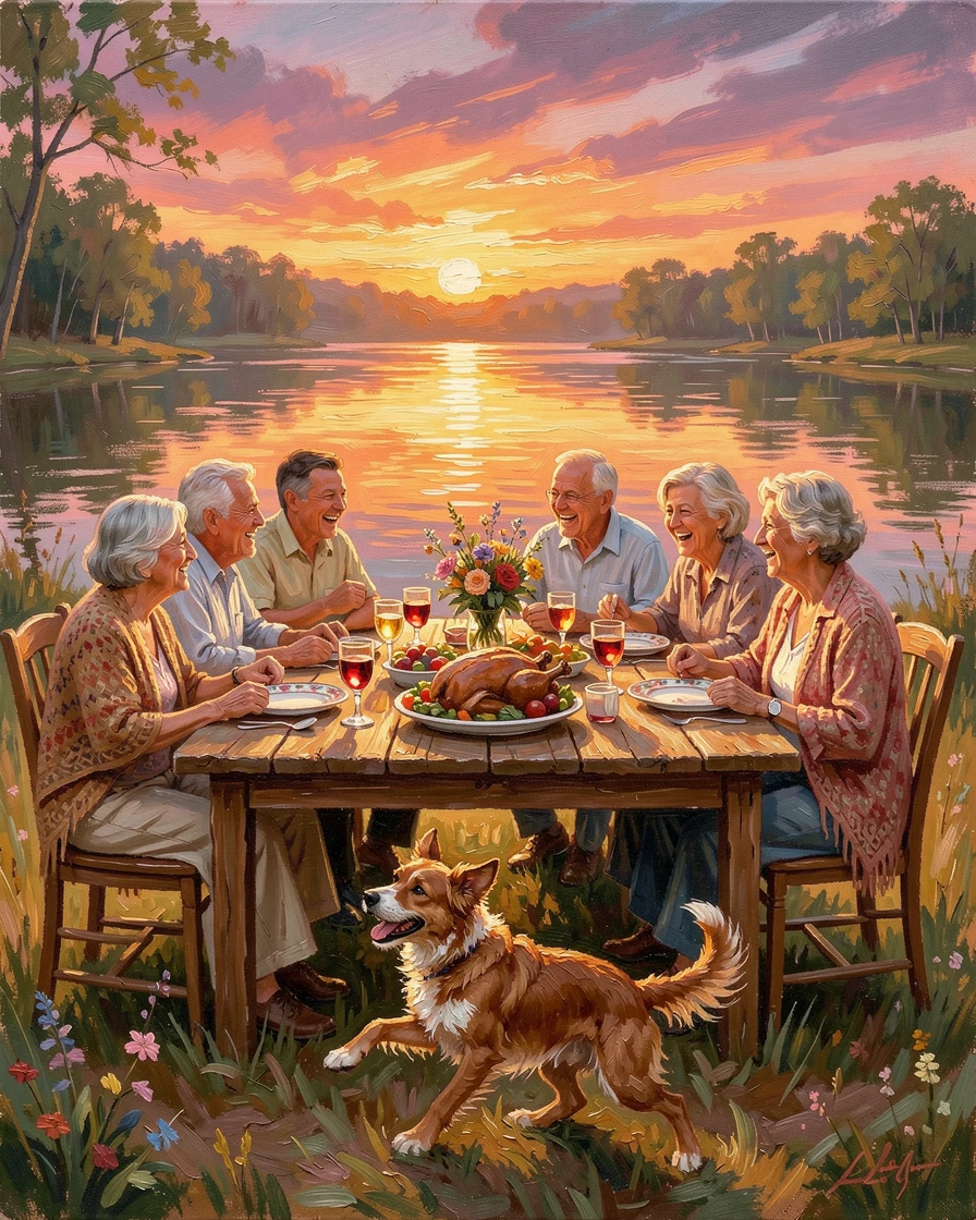 Beside a lake during a warm summer evening, a family gathered around a table for a holiday meal, a dog bounding happily alongside them, as the sun sets in brilliant color behind them.