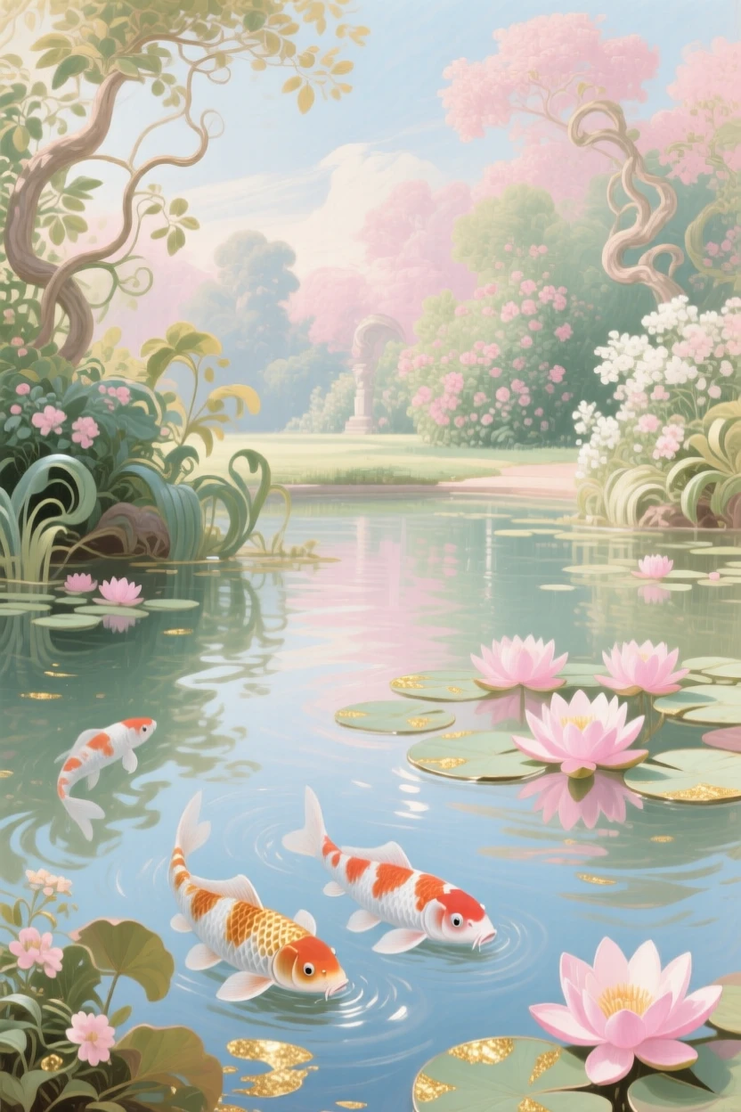 A garden pond where koi glide beneath floating pink lilies  