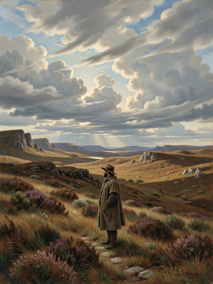A windswept moor beneath drifting clouds, with a solitary traveler pausing to take in the view.