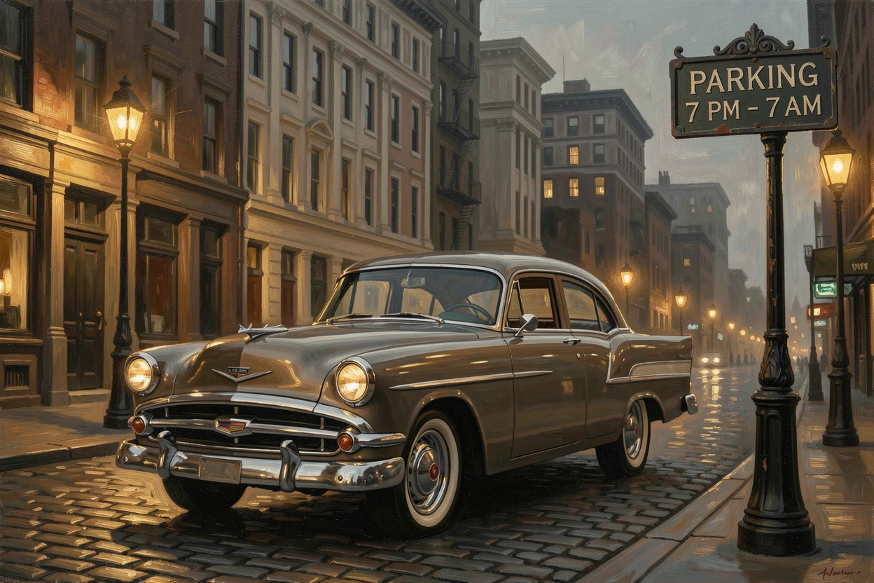 A polished vintage car parked beneath the glow of city streetlights, with a timeless, refined composition throughout, designed as a sophisticated piece for upscale interior decor