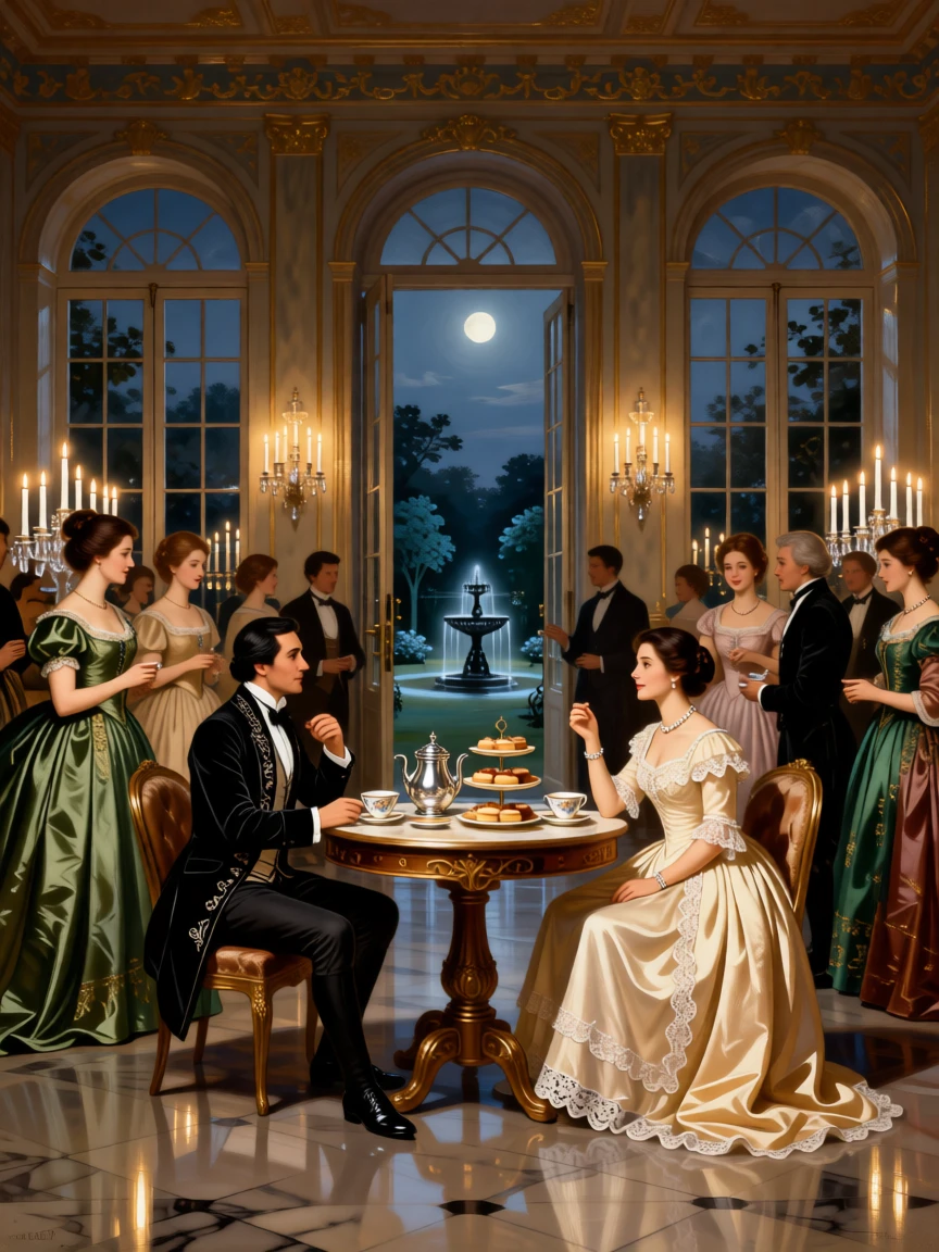A group of aristocrats engaged in animated conversation over afternoon tea just before the grand doors are thrown open, set within a mirrored ballroom lit by hundreds of candles, with tall windows revealing a moonlit garden beyond; the composition arranges figures in a graceful arc around the focal couple, radiating celebration, elegance, and social grace.