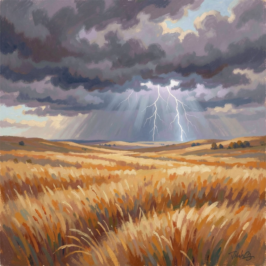 A dramatic thunderstorm rolling over golden prairie grasslands, lightning illuminating distant clouds, in the golden days of autumn, capturing a moment of quiet intimacy.