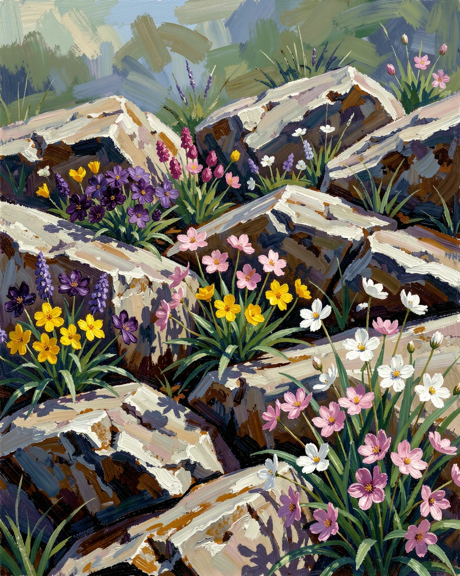 A rock garden with alpine flowers blooming between weathered stones.