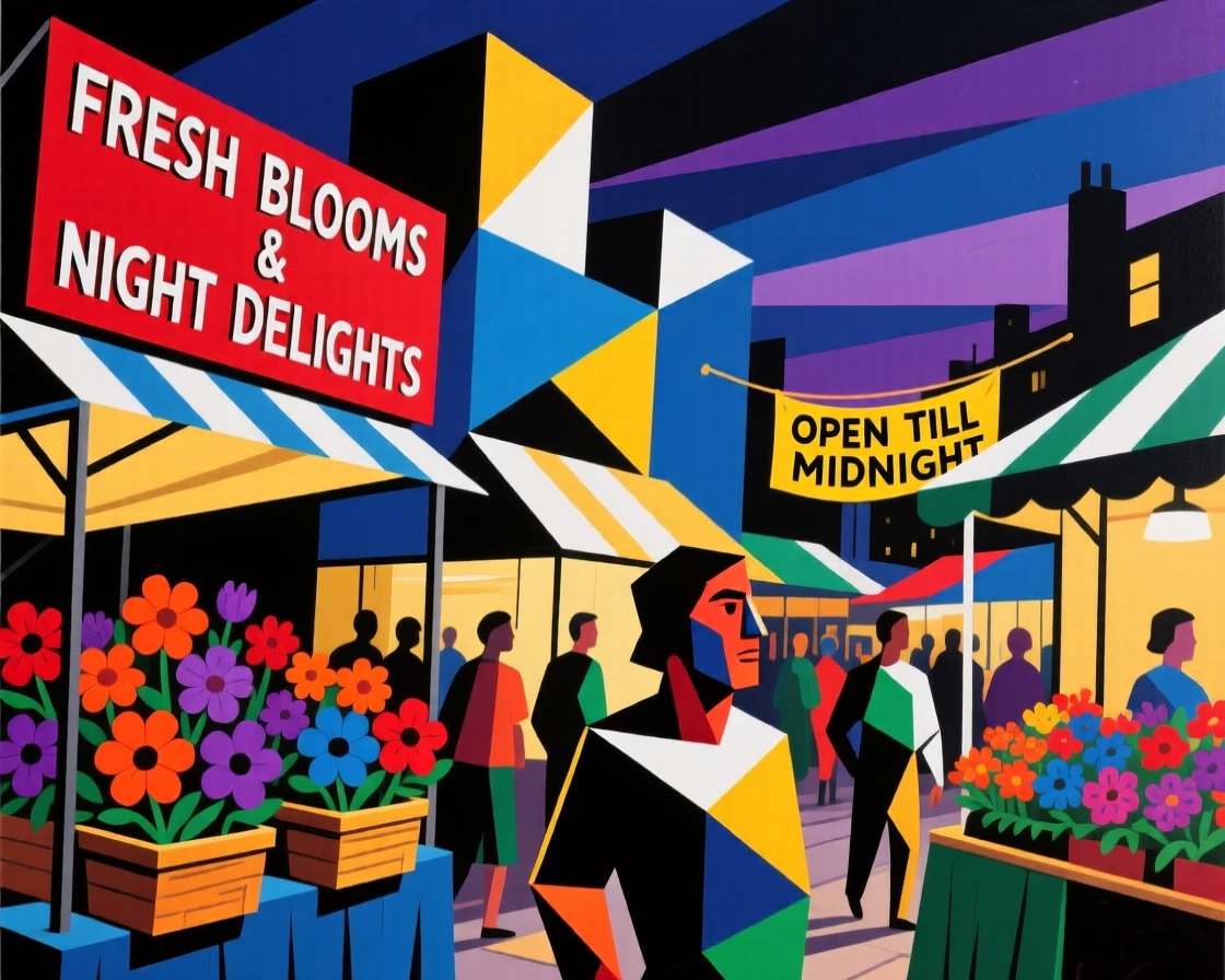 A vibrant scene of a lively night market lined with flower boxes overflowing with blooms.