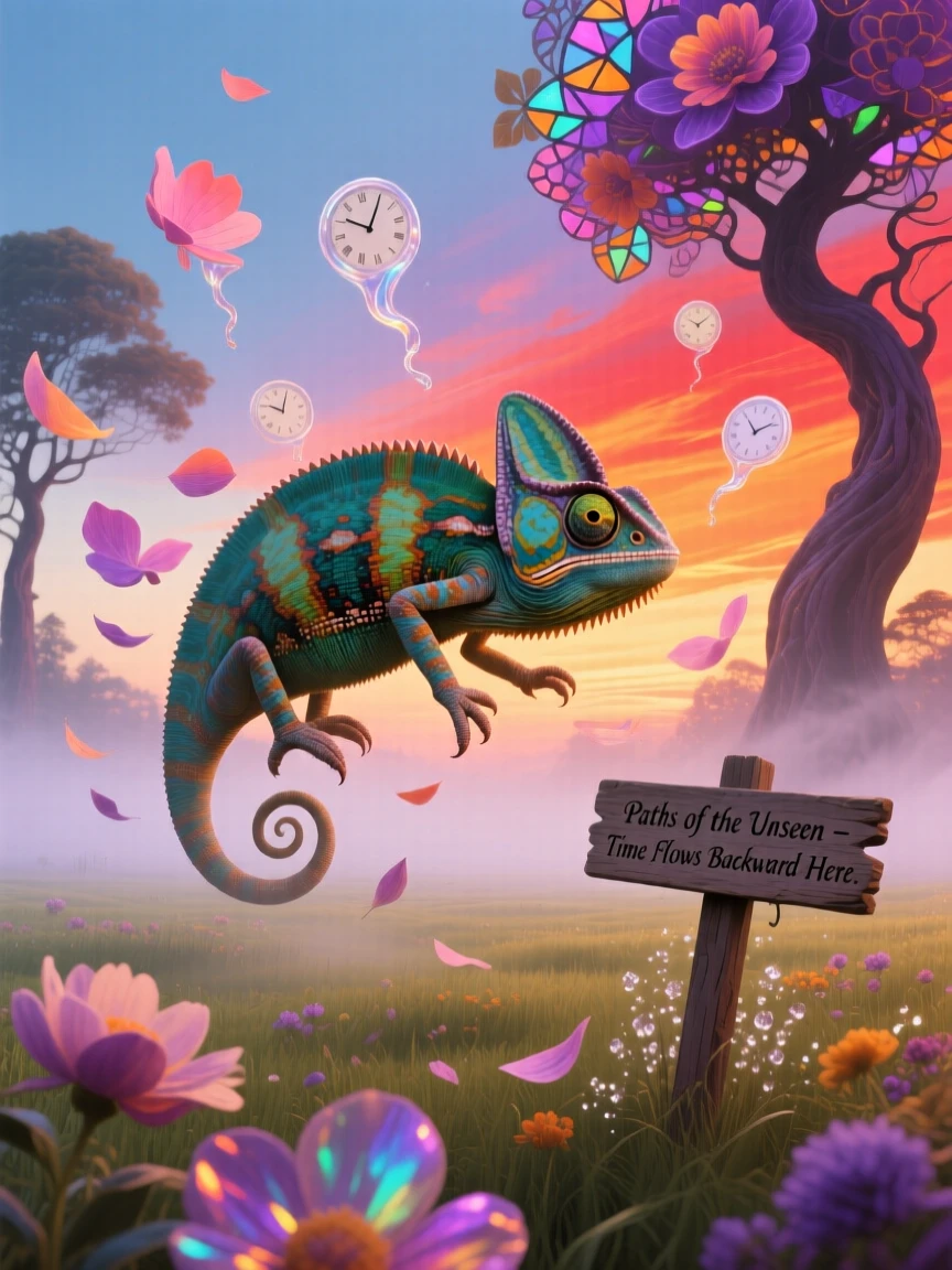 A chameleon shifting through colors of an entire sunset in seconds moves silently through a fog-covered meadow, as flower petals fall gently from a clear sky.