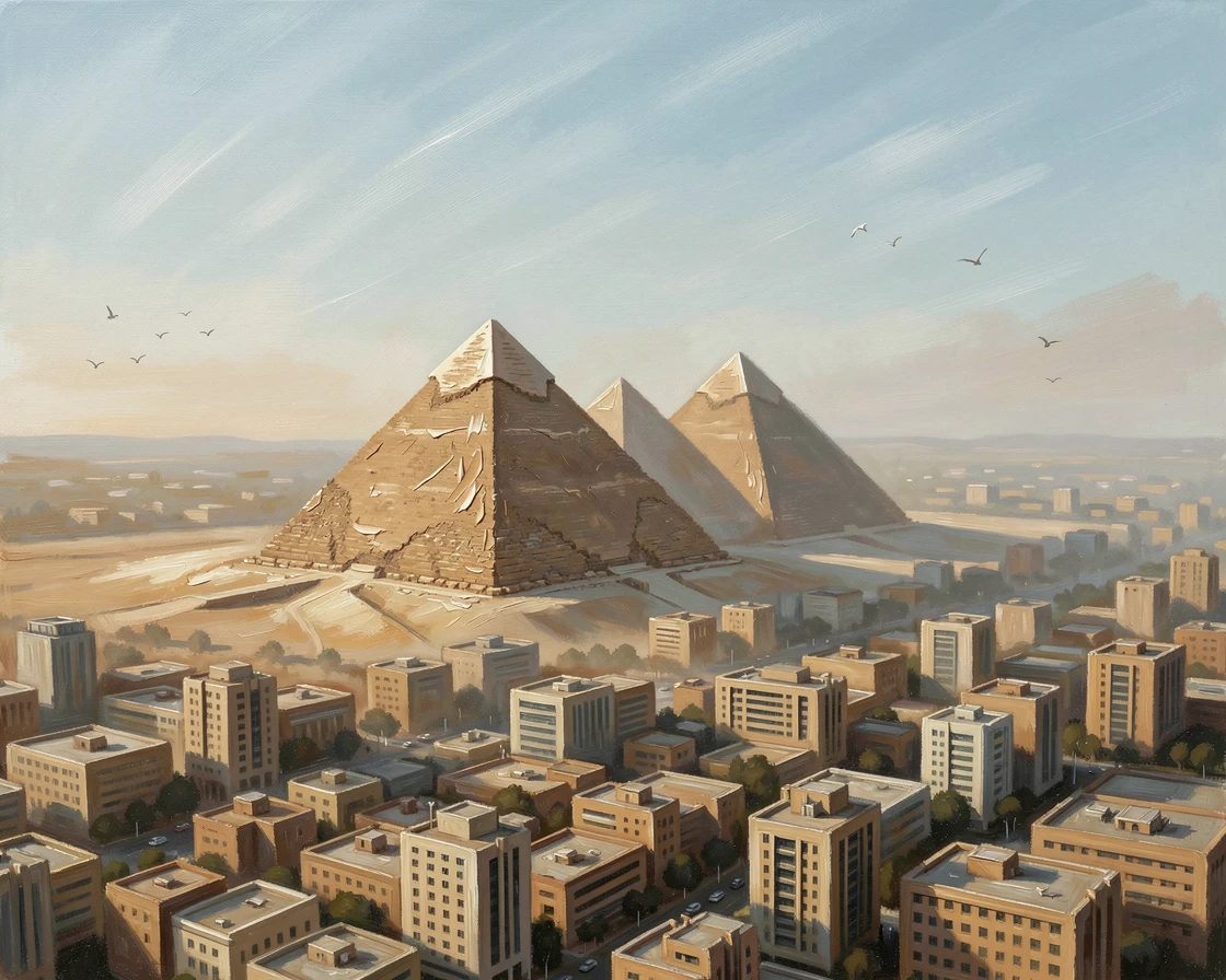 A dramatic aerial view of Cairo shows the ancient pyramids visible at the edge of the sprawling modern city, dust haze softening the horizon, with the crisp, still air carrying only the faintest sounds of distant birdsong.