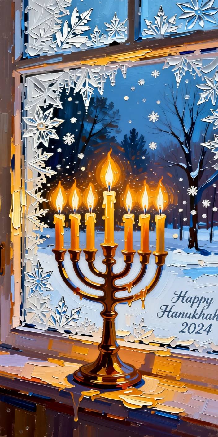 A menorah glowing in a frosted window during a quiet Hanukkah evening