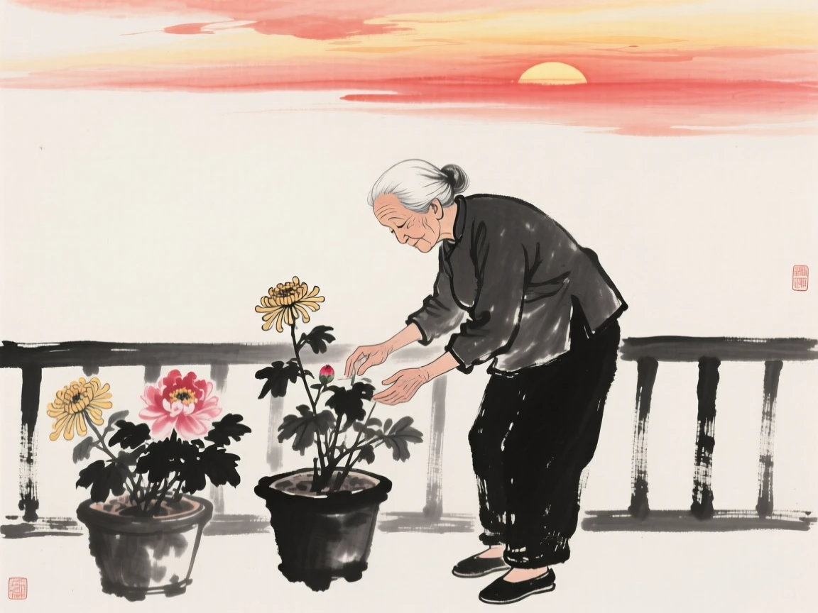 An elderly woman waters potted flowers on her balcony at sunrise, beneath a sky tinged with the warm colors of evening.