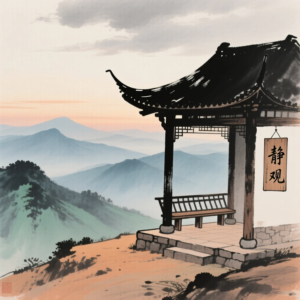 An empty pavilion overlooking mountains fading into evening haze, beneath low hanging clouds.