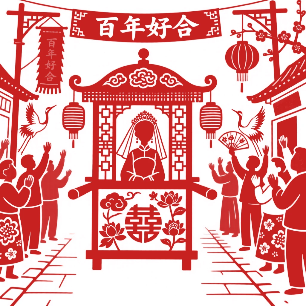 A bride being carried in a red wedding sedan chair through a village street lined with cheering guests