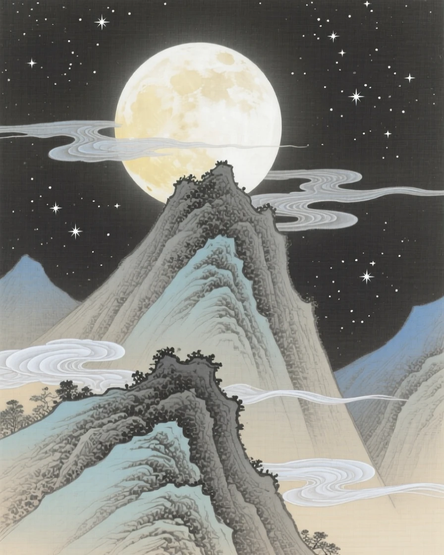 A full moon rising over a mountain silhouette, with wisps of cloud drifting past the stars