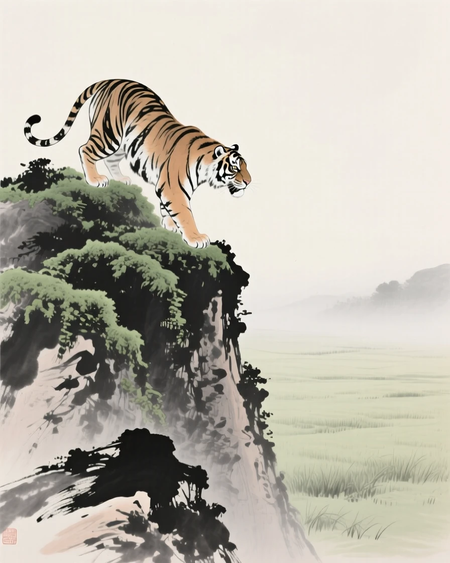 A tiger climbing a steep, moss-covered slope across an open grassy plain, viewed through a gentle veil of morning mist, conveying quiet strength and natural grace.