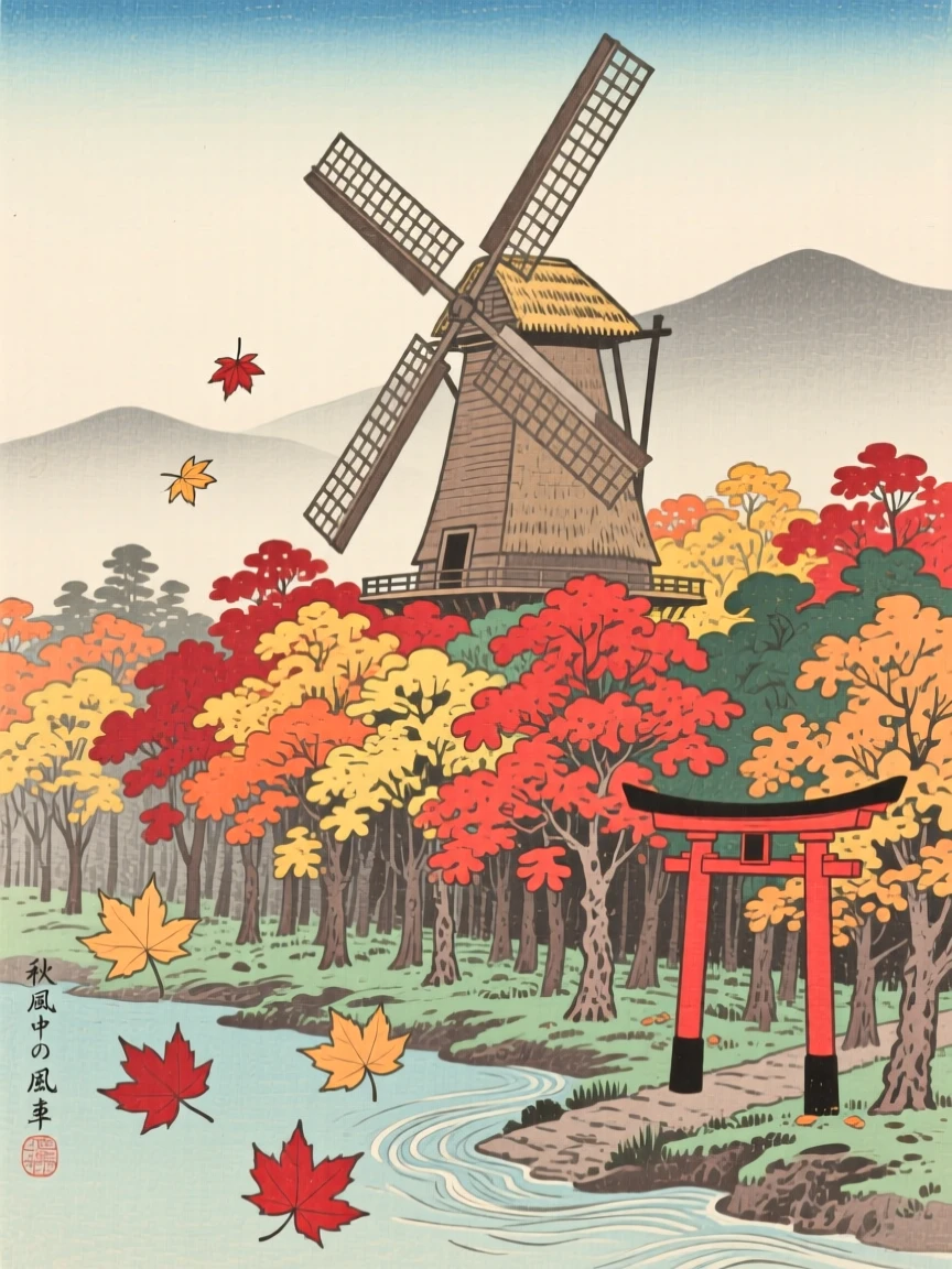 A lone countryside windmill rising above a forest of autumn maples.