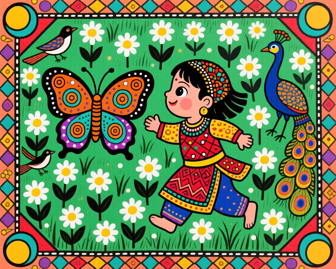 A child chasing a butterfly through a meadow of daisies.