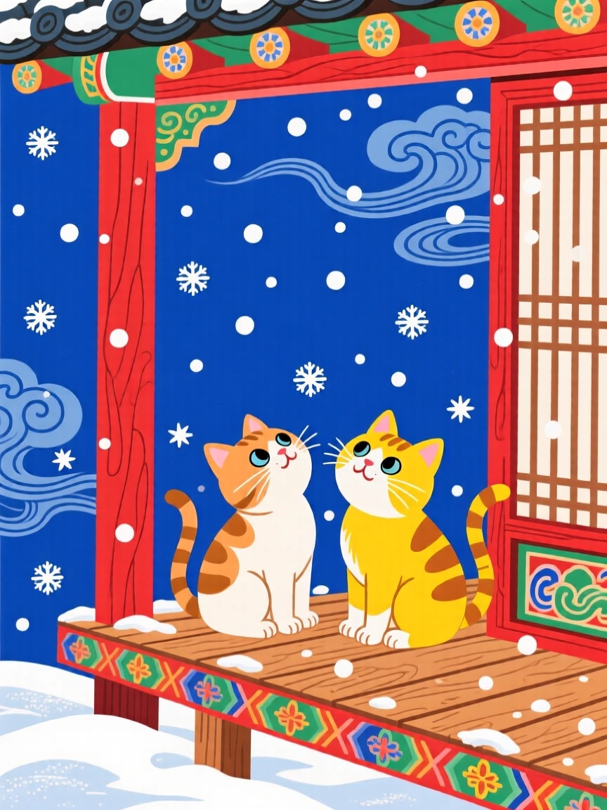 A pair of playful kittens watching snow fall from a porch.