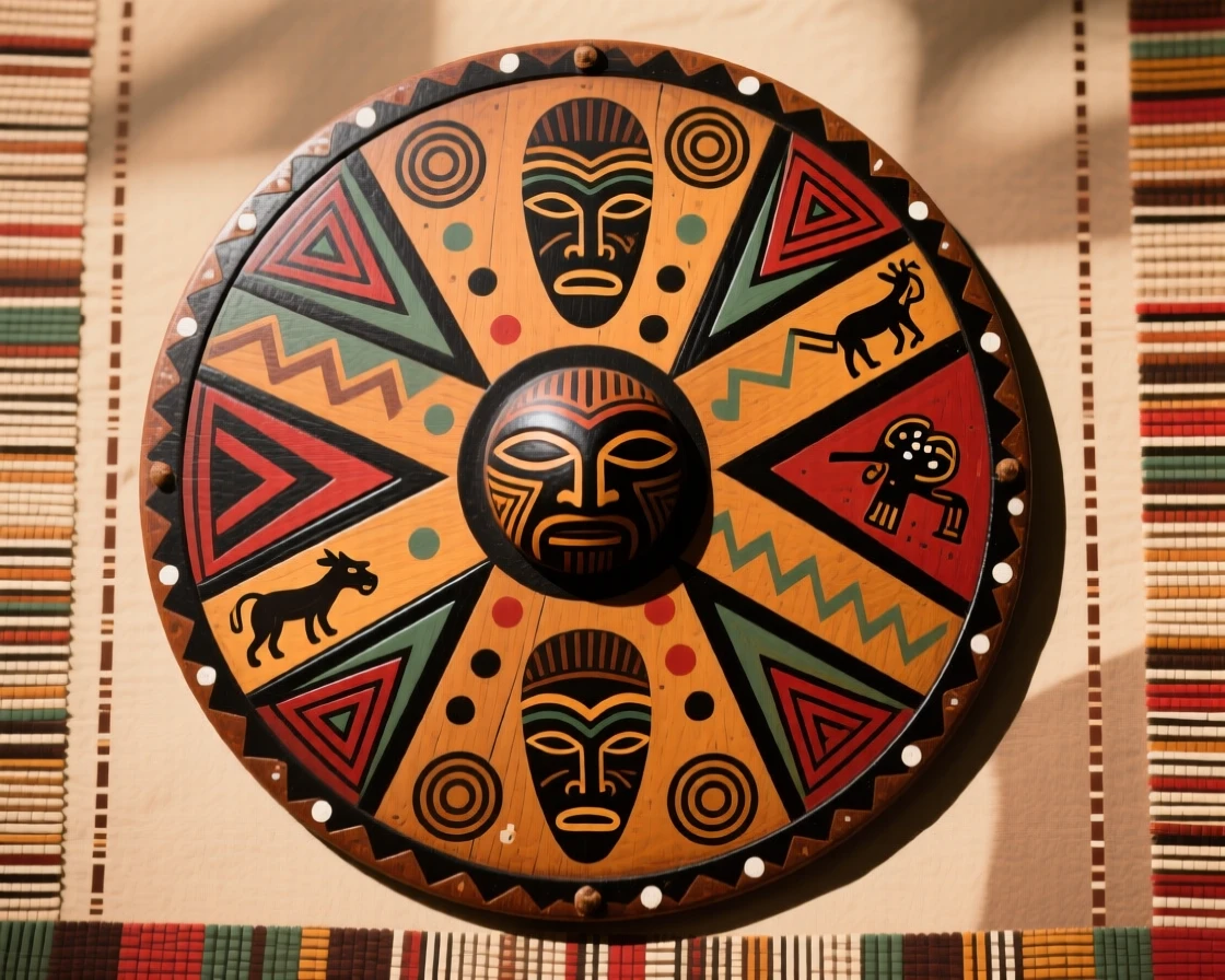 A painted ceremonial shield laid out for inspection before a festival.