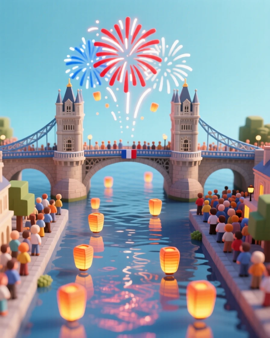 A Bastille Day fireworks celebration over a river, crowds gathered on bridges, and lanterns floating downstream.