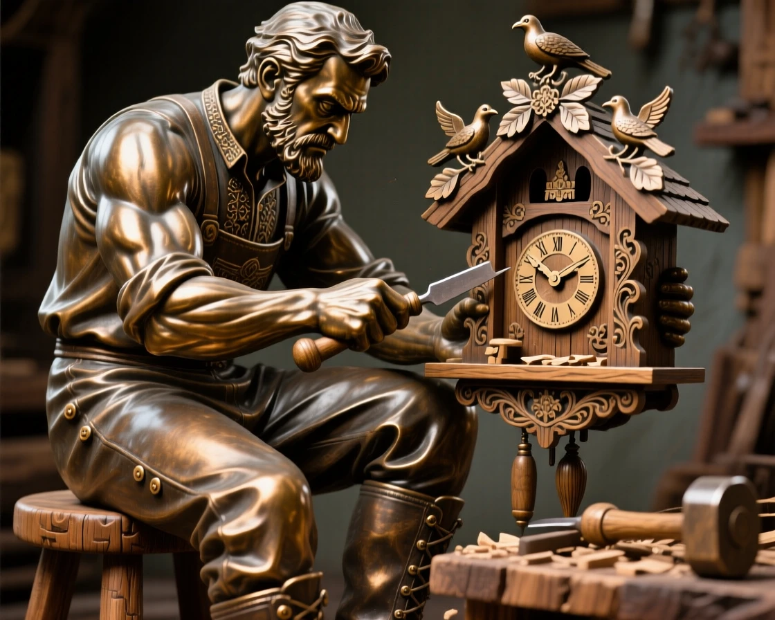 A bavarian craftsman carving a wooden cuckoo clock, with powerful, expressive body language, forming a strong central focal point