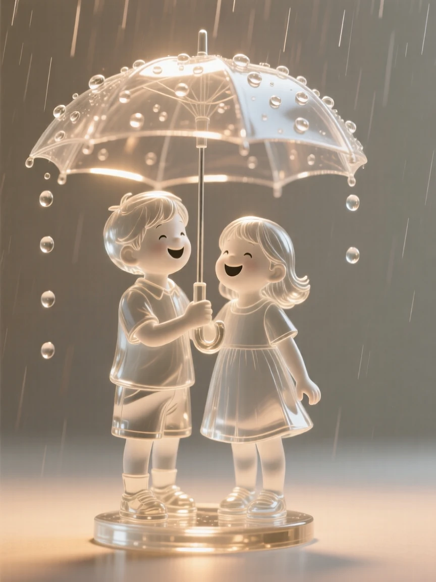 With warm light glowing softly in the background, two siblings sharing an umbrella in the rain, while their laughter carries softly on the breeze