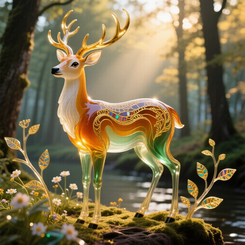 A lone deer standing at a forest edge bathed in golden morning light, serene and watchful.