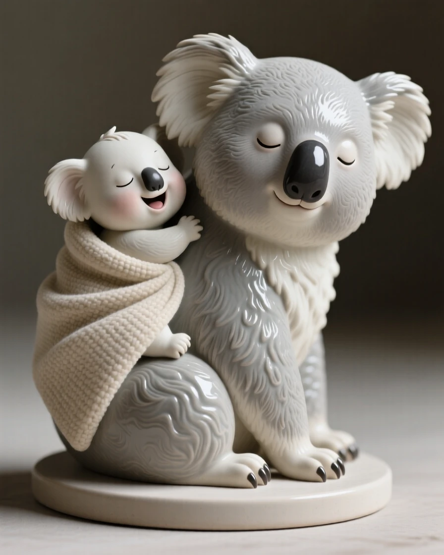 A sleepy baby koala clinging to its mother's back frozen mid-giggle in a joyful moment, wrapped snugly in a soft cozy blanket, evoking pure, heartwarming sweetness.
