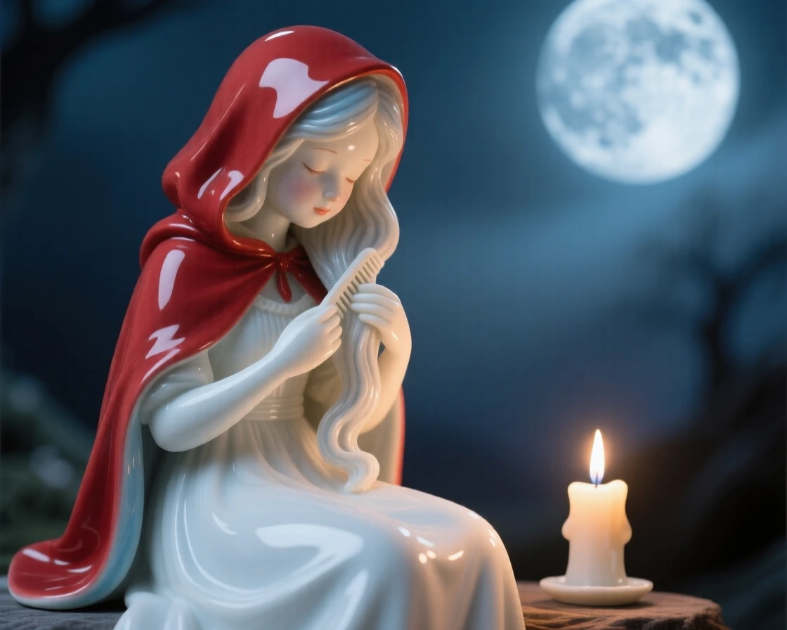 A storybook depiction of Little Red Riding Hood combing her long hair by moonlight, softly lit as if illuminated by a single candle.